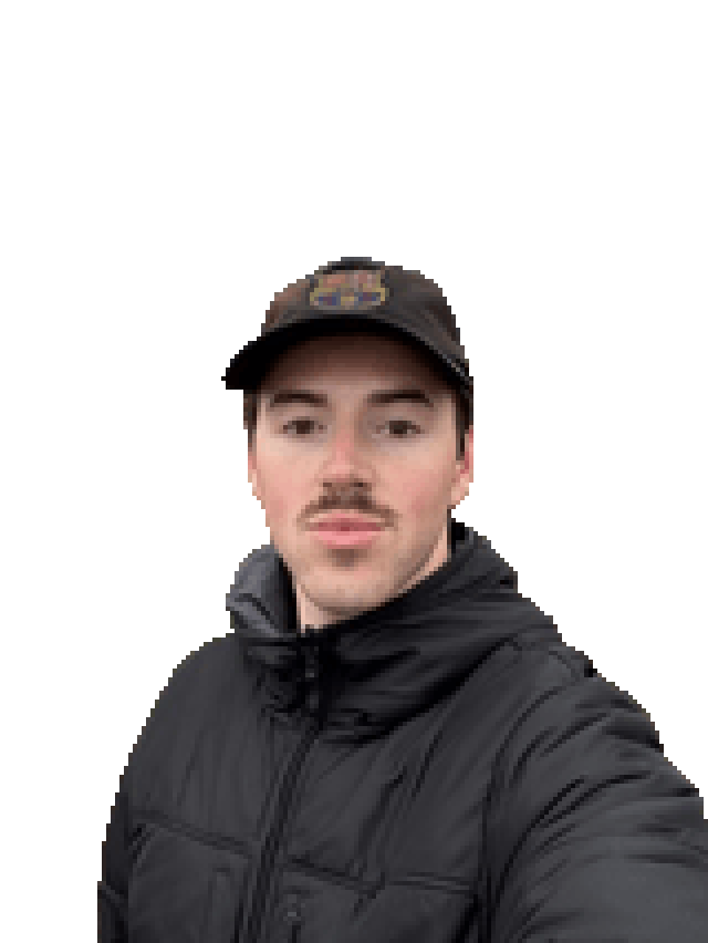 Anthony Intraversato, in a cap and a black jacket, drawn as pixel art